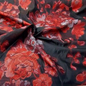 Brocart negru organza flori lurex rosu 6045